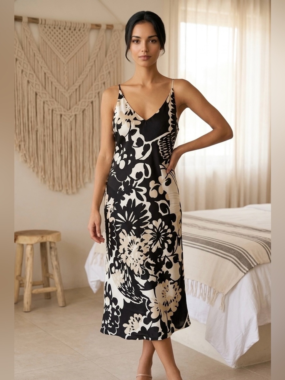 Natori Black and Cream Floral Midi Slip Dress